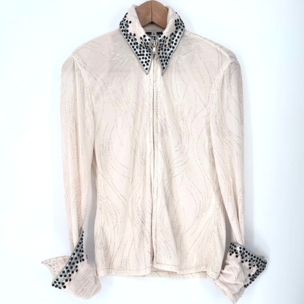 Vintage Silver Mesa Western Equestrian Shirt Cream Glitter Stud Leather Zip S
